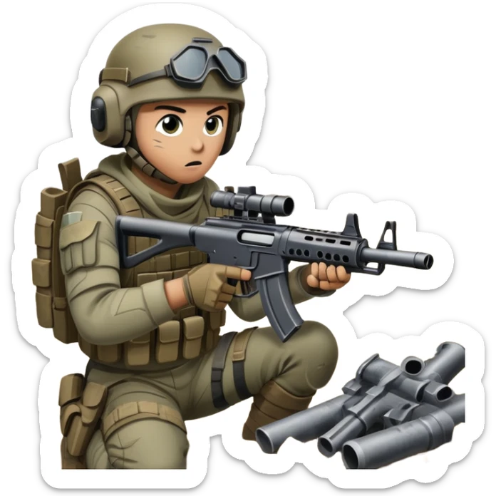 A skilled airsoft player in tactical gear, aiming a gun and shooting metal BBs in a desolate, ruined landscape. The setting is filled with broken walls and debris, creating a tense atmosphere of strategy and precision in a high-stakes tactical environment sticker