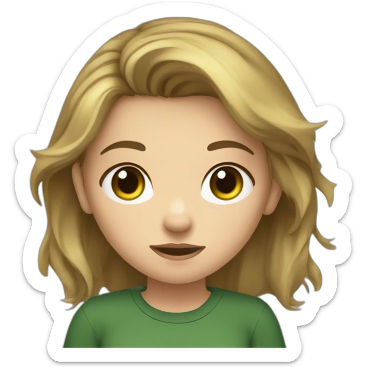 adolescent girl with messy brown blond hair, green and hazel eyes, looking a bit tired, dark green shirt sticker