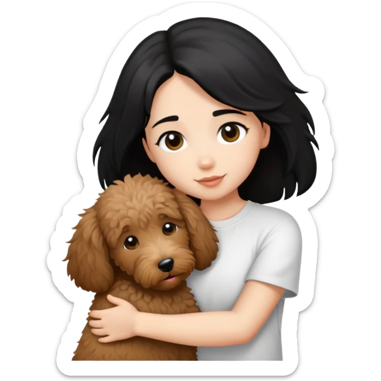 One girl with medium long black hair dressing white T-shirt, hugging One little brown coated labradoodle. sticker