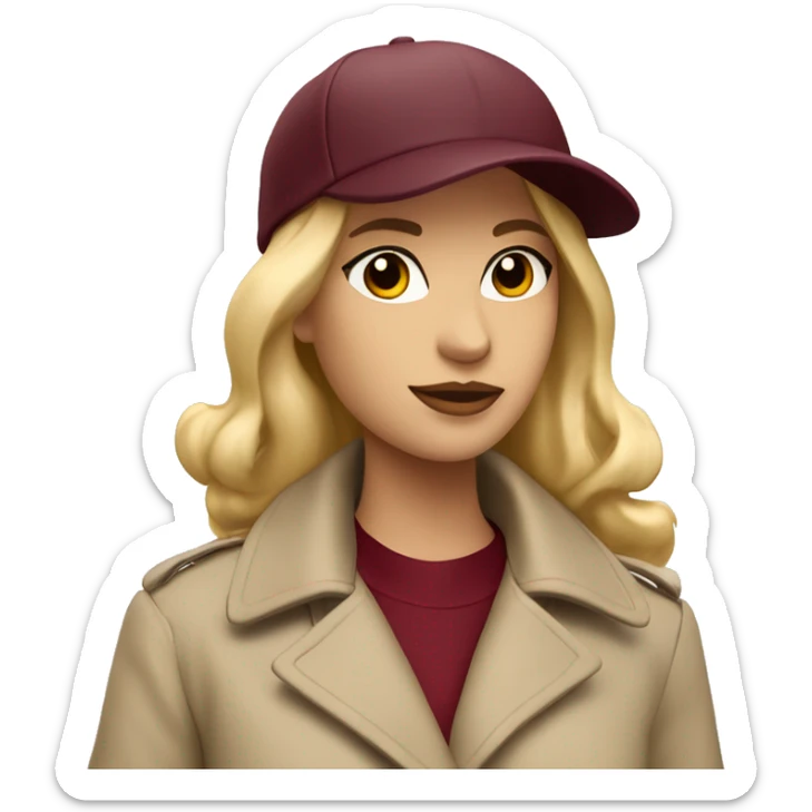 Blonde girl wearing beige trench coat and burgundy baseball cap written Paris on it  sticker