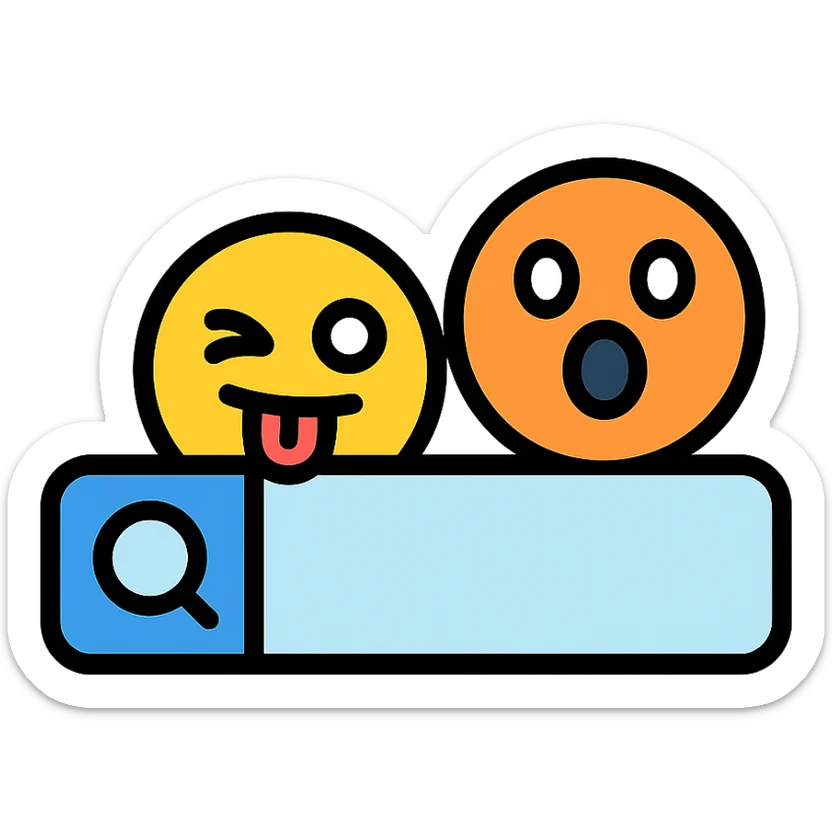playful icon of a search bar with silly or surprised emoji faces popping out sticker