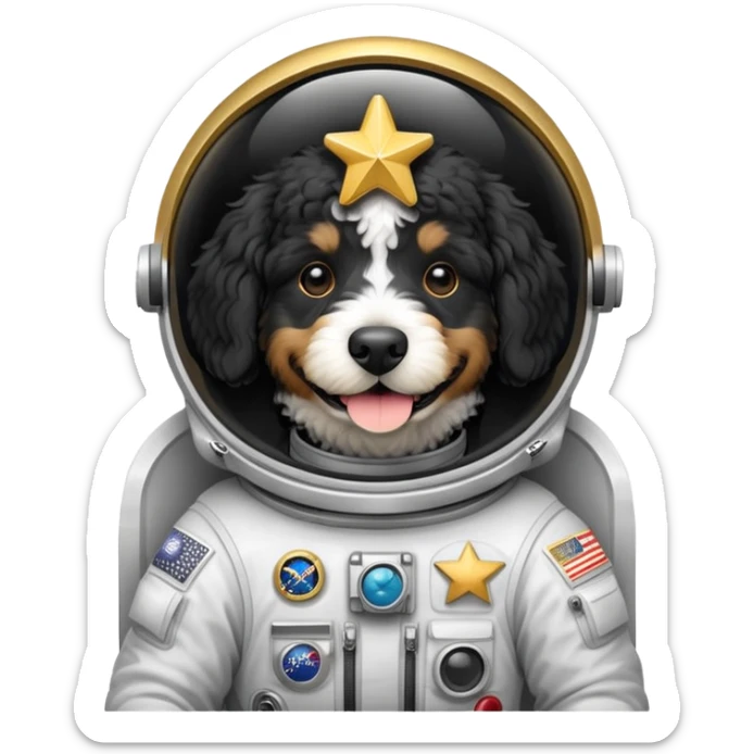 a black and white bernedoodle dog that is an astronaut holding a gold star sticker