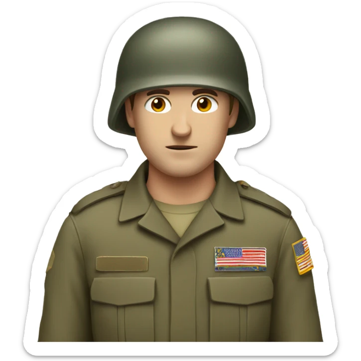 white man with brown short hair and military helmet having a lazy eye sticker