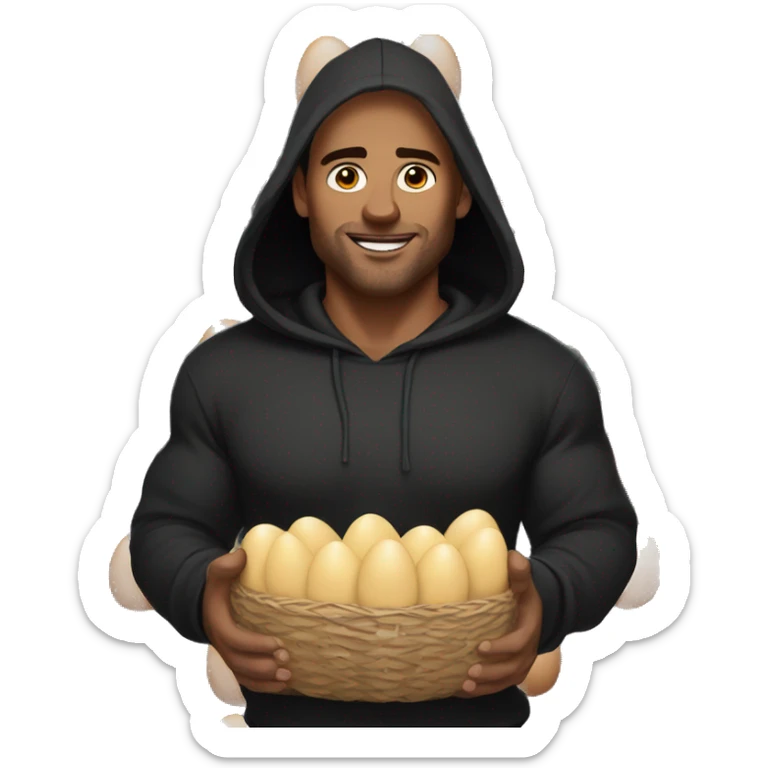 Buff white man with black hoodie and dark brown hair holding a ton of eggs sticker