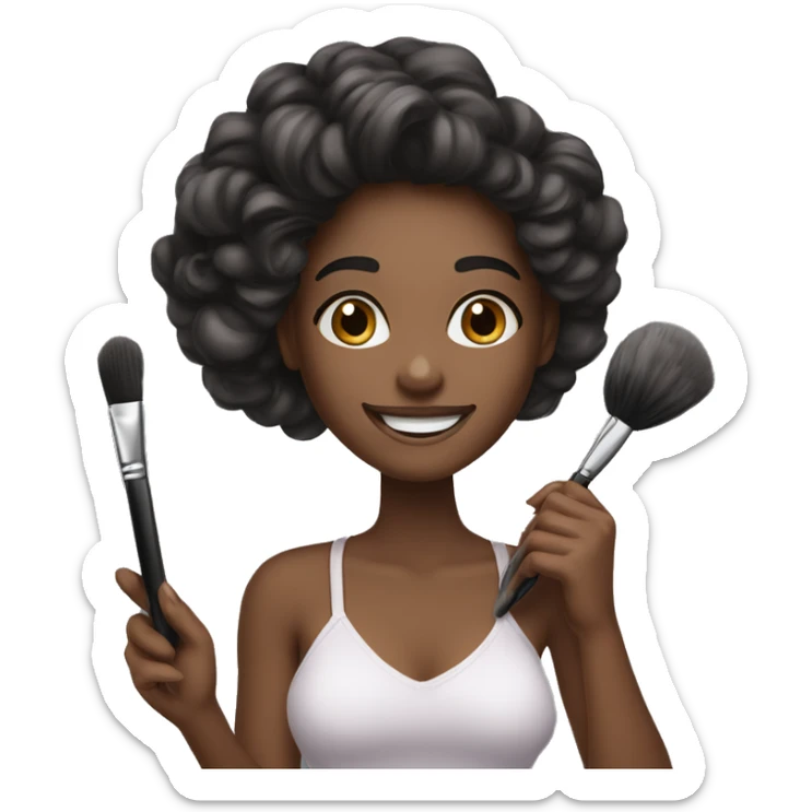 A makeup artist girl smiling with a makeup brush in her two hands with long hair sticker