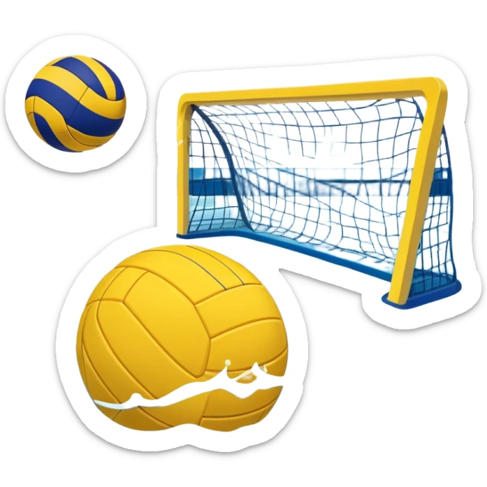 An icon featuring a yellow water polo ball floating on the water with goals in the background, inside a swimming pool. The design includes splashes and ripples, symbolizing the fast-paced action and strategy of water polo. Transparent background highlights. sticker