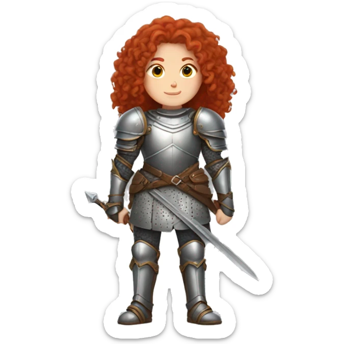 a white girl with long red curly hair and freckles, wearing armor sticker