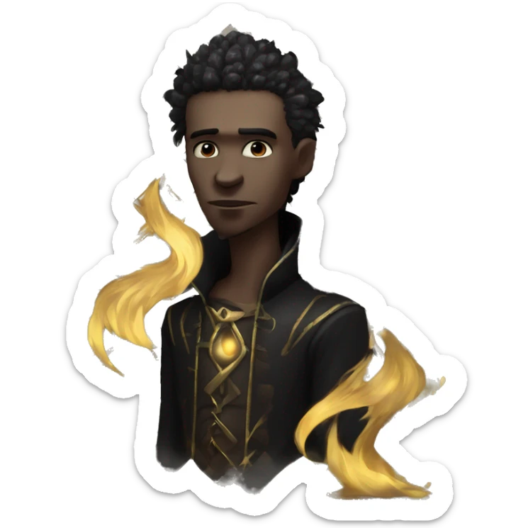 Hamlet young skinny sad man iridescent hair wearing raven feathers with a gilded hourglass and golden flames yin yang chess board sticker