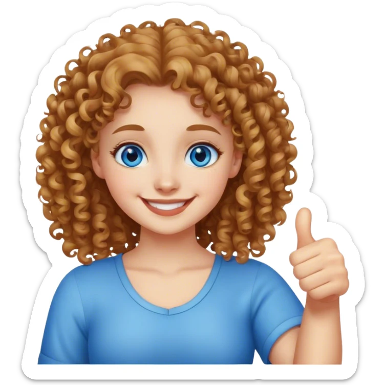 girl with curly hair and blue eyes smiling doing thumbs up sticker