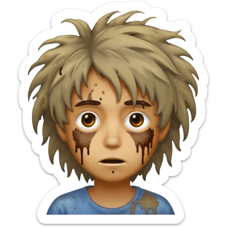 very dirty looking homeless person very very dirty and smelly looking face only, not old with stains everywhere and messy hair and lots of stains on face sticker