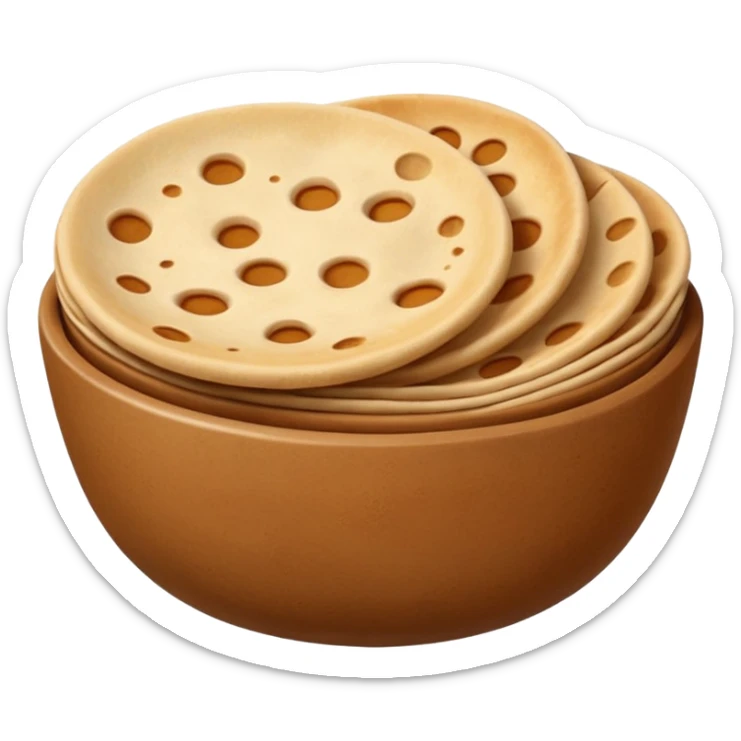 A flat, emoji-style illustration of a warm brown bowl filled with stacked round rotis (Indian flatbreads), slightly toasted with light brown spots. Soft rounded shapes, minimal details, subtle highlights, no outlines, centered composition, transparent background, modern app emoji style. sticker