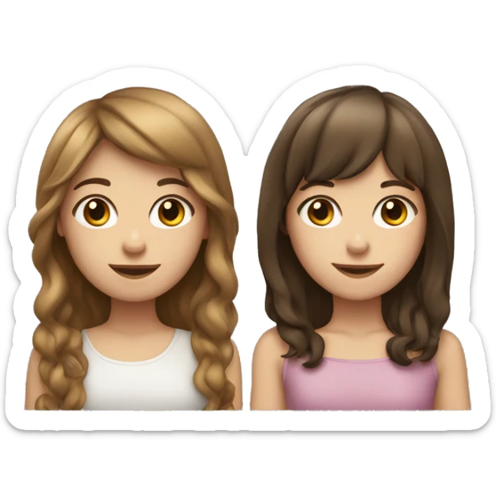 Two girls with white skin. one has wavy brown hair and the other has straight brown hair with bangs. sticker