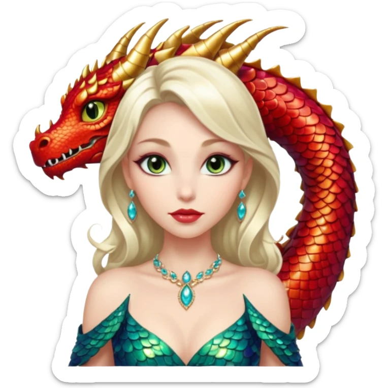 A gorgeous woman with dragon features with glittering jeweled scales covering her body. She has large almond shaped eyes, lush lips, and she wears a stunning luminescent gown. sticker