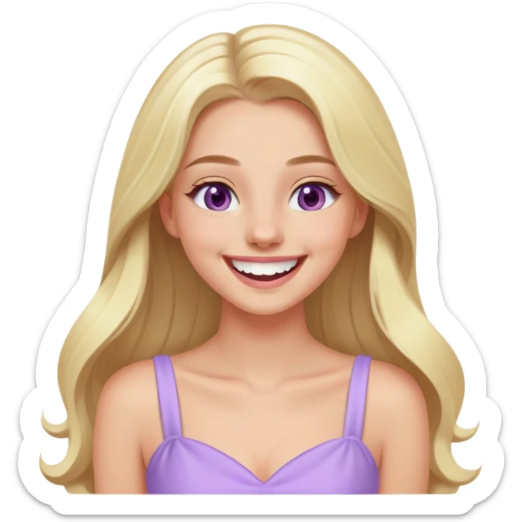 laughing blonde model, hazel eyes, sleek long hair, pastel purple dress sticker