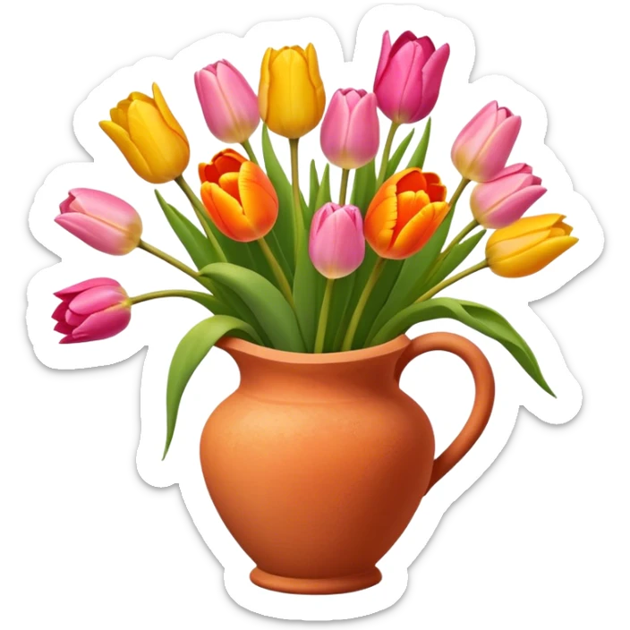Bouquet of orange, pink, and yellow tulips in terracotta vase sticker
