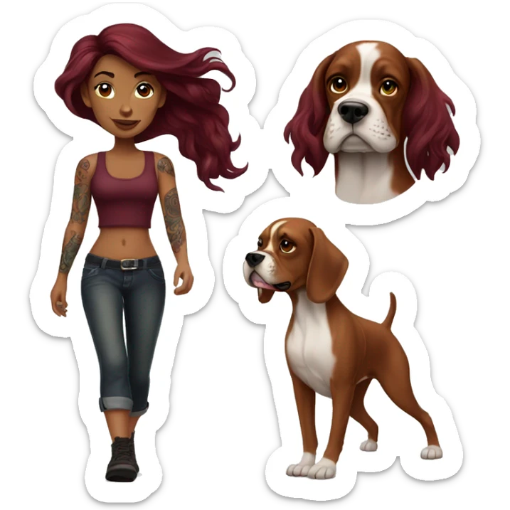 Beautiful tattooed  burgundy long haired woman walking a boxer dog sticker
