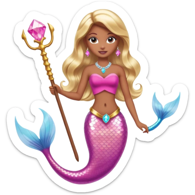 Brown skin blonde hair barbie mermaid with pink diamond tail and wand  sticker