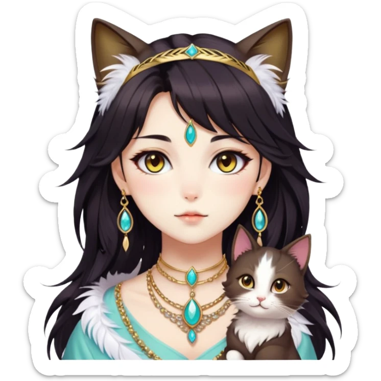 Beautiful gorgeous anime cat-lady with beautiful dark-brown-special-hair, fashion aesthetic, ethereal, feather, accessories, gold jewelries, gold, colorful,  sticker