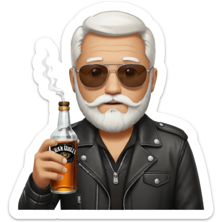 Un motero de perilla blanca, gafas oscuras chupa de cuero y bebiendo de una botella de Jack Daniel's. sticker