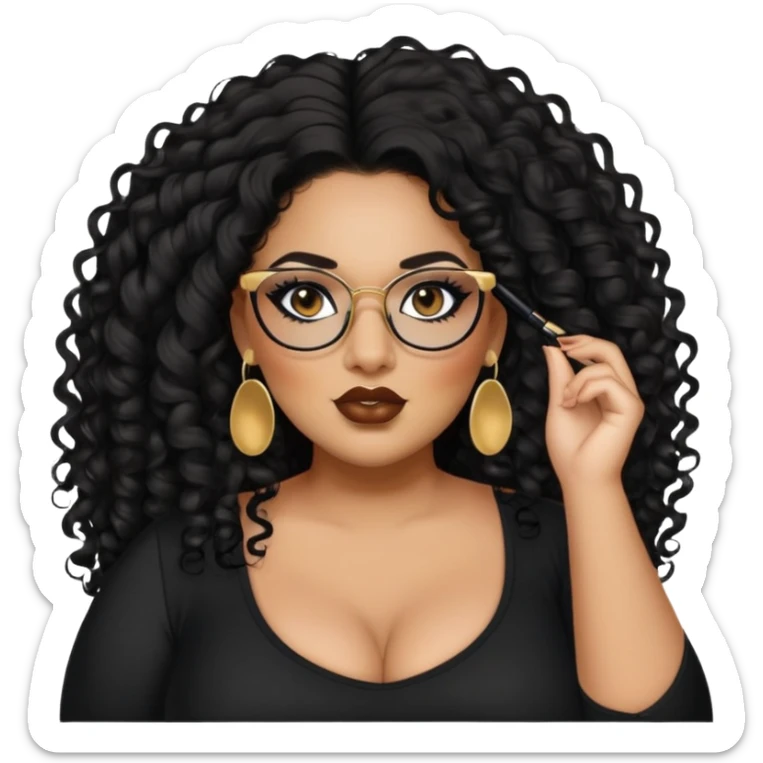 big plus size, latina, darker tan skin, long black curly hair, baddie,pretty, makeup, lipliner, black eyeliner, long hair, gold earrings, black top, black glasses sticker