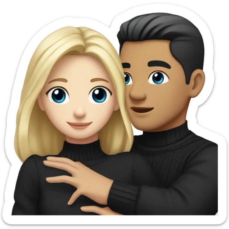 Blonde girl with blue eyes in black sweater and asian man with black hair and black eyes hugging sticker