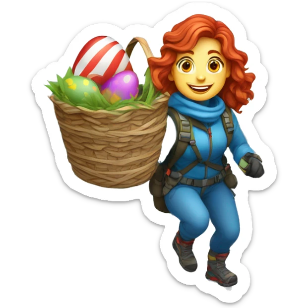 Female winter mountain climber red wavy hair climbing with Greek flag on backpack and holding Easter eggs basket sticker