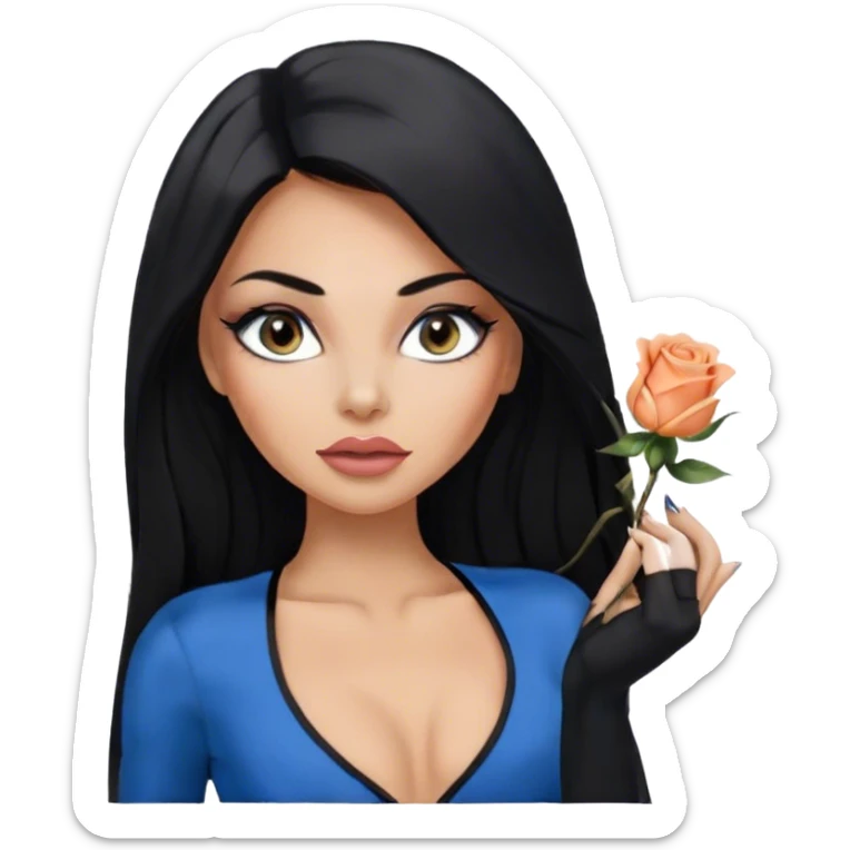 Glamours, tanned, very beautiful girl, with big pump peach-beige-rose lips, eyeliner, long long lashes, black straight smooth silky long hair, straight parting hair, blue-grey eyes, in totally black bodysuit  sticker