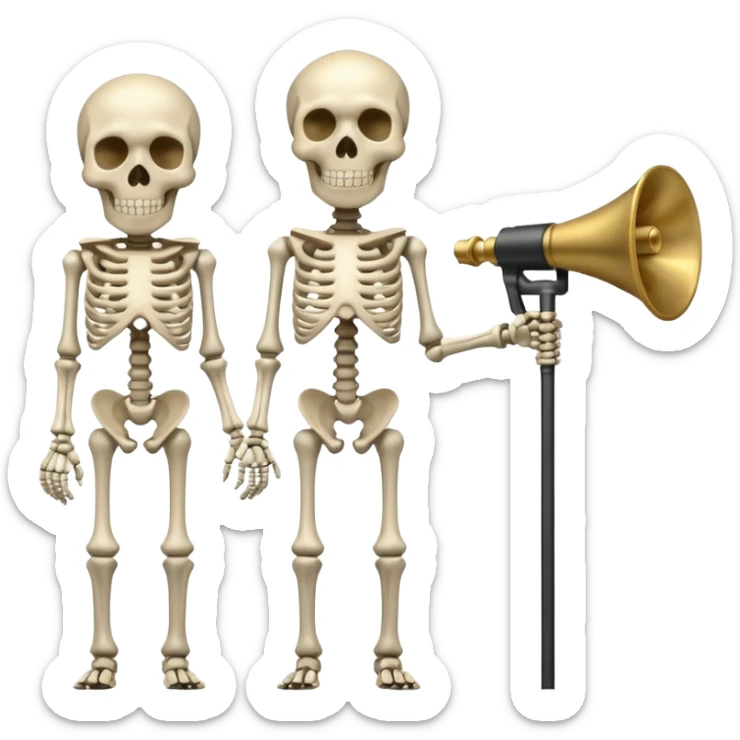HEADLESS SKELETON BUT A ROD ON THE HEAD PLACE ON THE ROD THERES TWO MEGAPHONES ON OPPOSITE SIDES ON THE ROD sticker