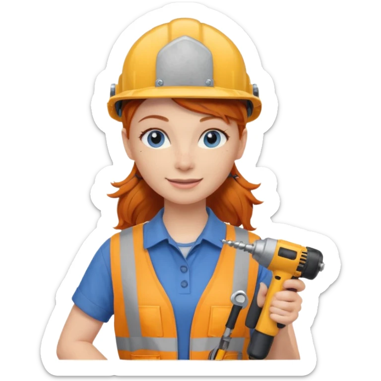 A ginger haired girl blue eyes, handyman Outfit, wearing a Helmet, with drill sticker