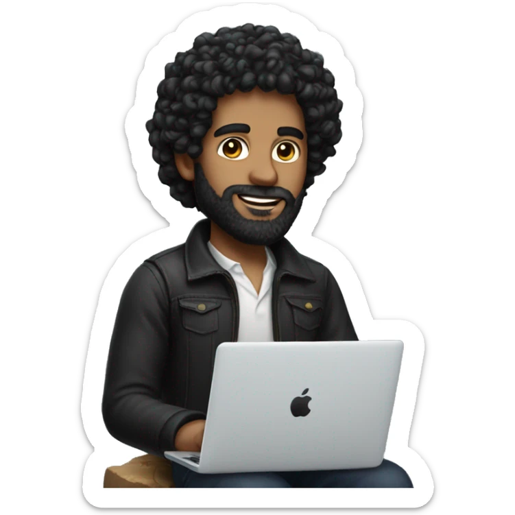man with a lot of black curly hair with trimmed black beard and white skin + macbook pro sticker