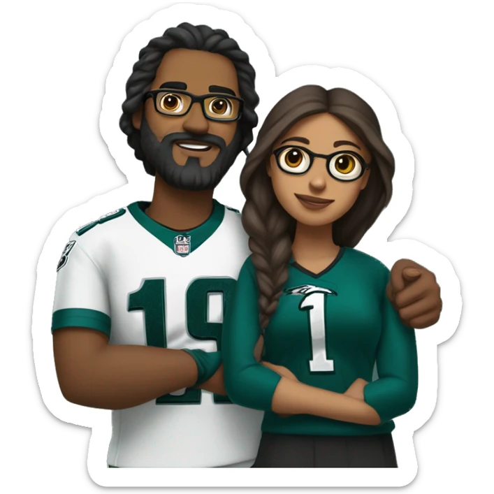 Brown guy with beard mustache and brown girl with glasses and her hair in a bun in Philadelphia eagles clothes holding hands sticker