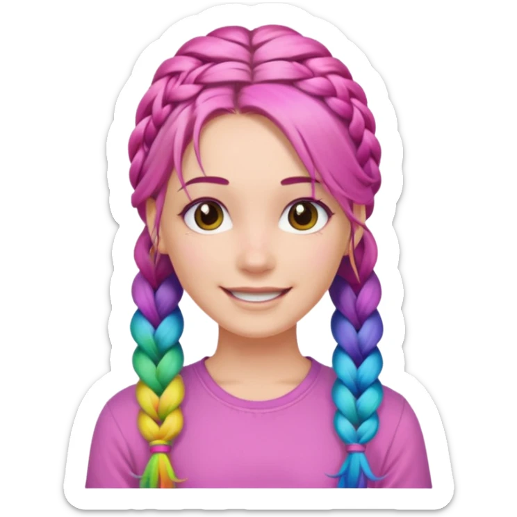 Woman with braided rainbow hair, happy — long braids, pink shirt sticker