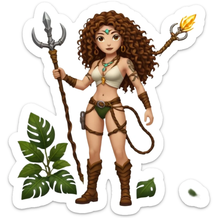 full body woman long curly brown hair brown eyes white skin tattoos muscular build jungle treasure hunter outfit, vine whip, glowing relic sticker