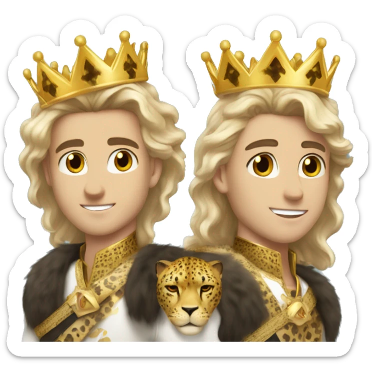 young white king with flowing dirty blonde hair, hazel eyes, stubble, a gold crown with a cheetah print sash sticker