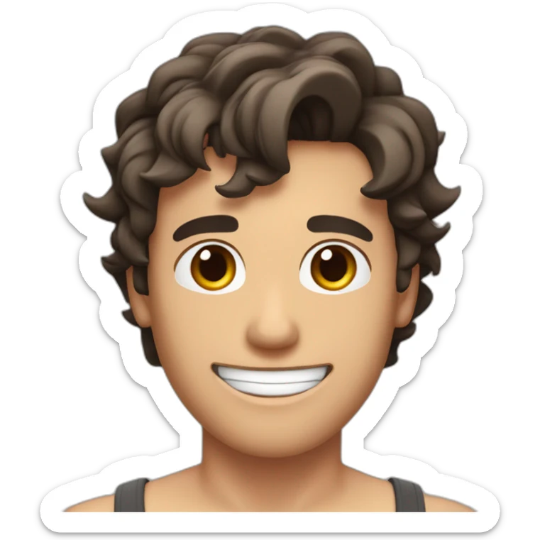 white guy with wet dark brown hair and brown eyes smiling with his mouth closed and shirtless with slightly muscles sticker