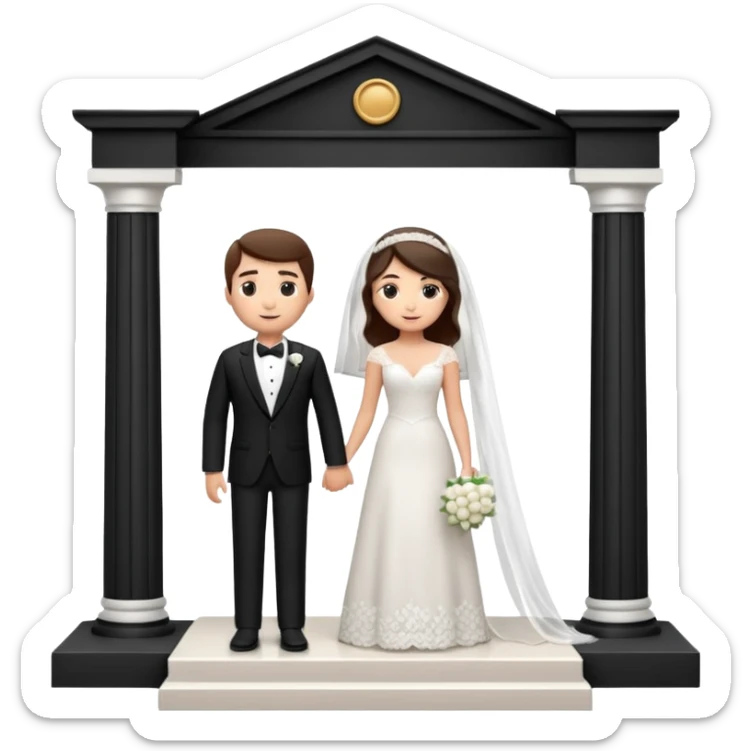 A 3D cartoon courthouse wedding venue with a bride and groom standing at the entrance, elegant white columns, soft natural lighting, simple modern decor, minimal background, realistic Memoji-style rendering. sticker