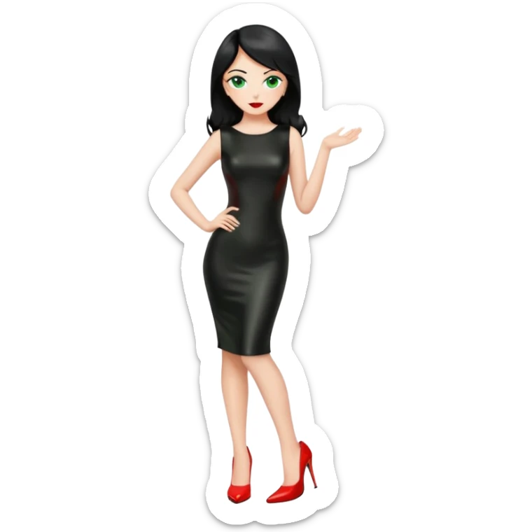 🕵🏻‍♀️💦🧥 black hair , green eyes , full body , red high heels , black latex dress , sticker