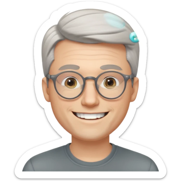 30 yr old pale white man, grey side swept hair, round glasses, big smile, white teeth, handsome, longer hair, thin glasses sticker
