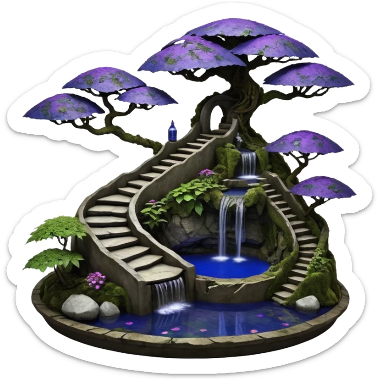 Alien saucer house jungle-vines precarious narrow stairway fountain koi pond mountainside-island getaway nighttime landscape antique mudman very old broken cracked intricate Stone Age lapis-crusted irregular dodecagon-shaped shallow dark moss rough bark violet serissa flowered maple tree bonsai sticker