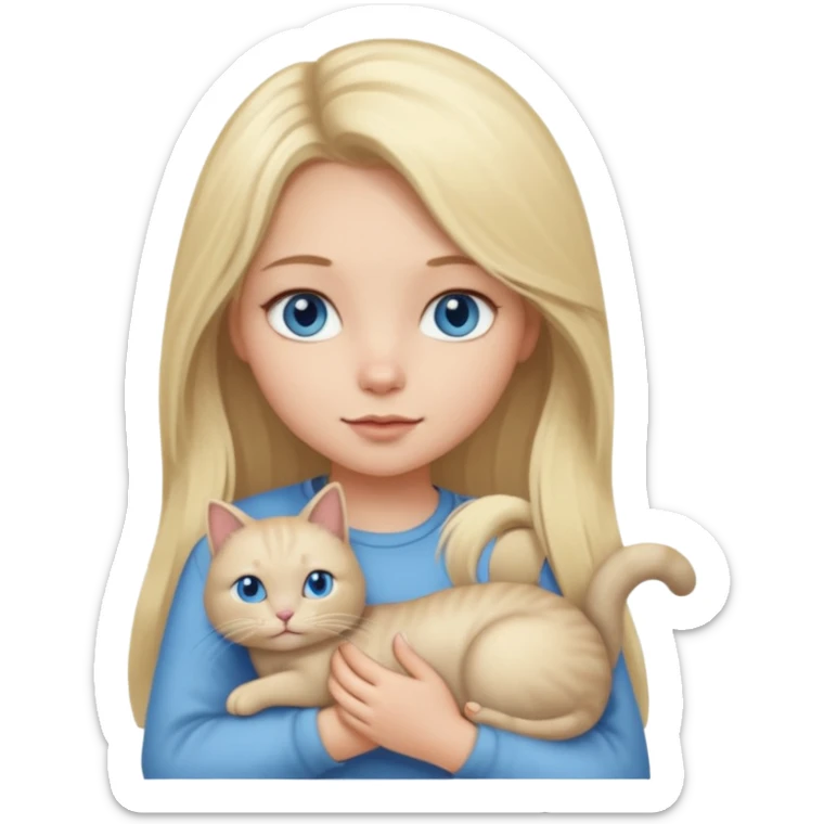 blonde girl with long blonde hair and blue eyes with chubby gray cat sticker