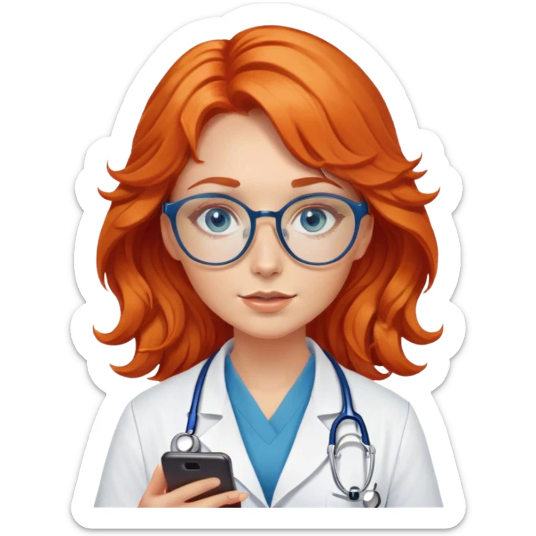 Girl doctor wavy orange red hair blue eyes in gold glasses and phone  sticker