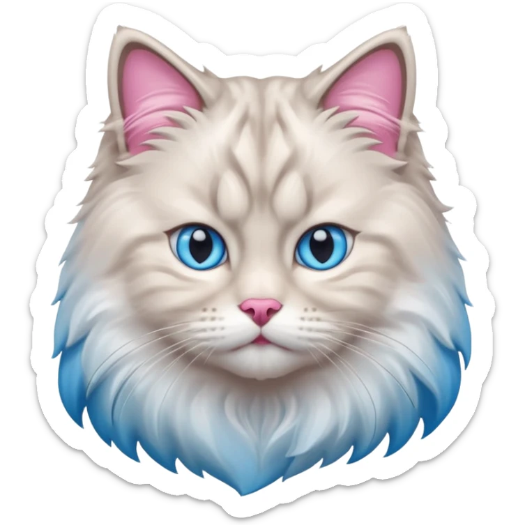 Fluffy Siberian cat face emoji, white and grey long hair, bright blue eyes, pink nose, friendly expression, 3D vector style, isolated on white background. sticker