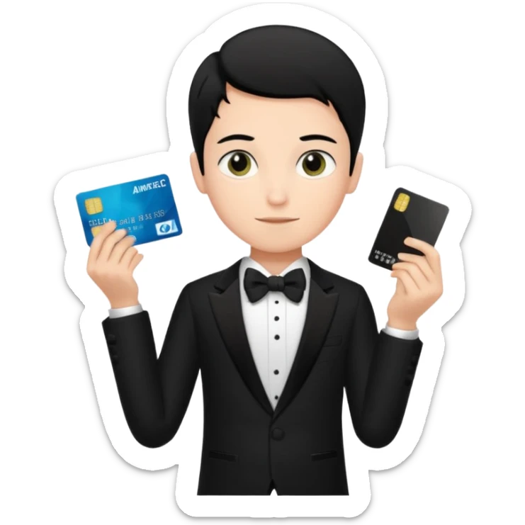 make a genmoji of a boy with a an amex card in hand and wearing a tux, black hair sticker