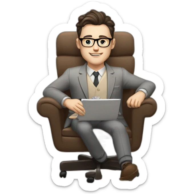 Pale skinned Fit Man With dark brown hair in gray jacket, beige office shirt and vintage glasses sitting In a soft chair with a notebook with emblem Ψ and a pen in his hands sticker