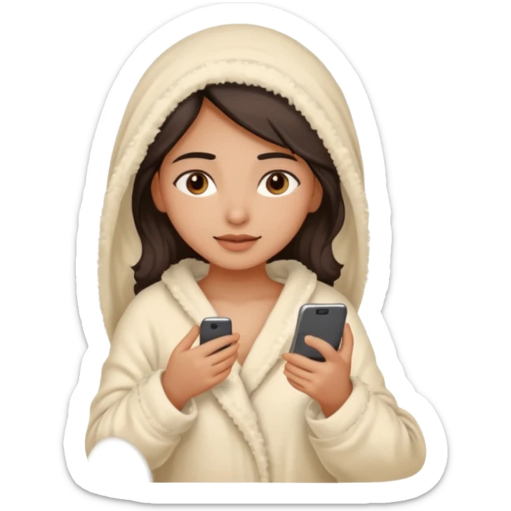a pretty bratz fair indian girl covered in blanket, wearing beige pajamas, using phone sticker