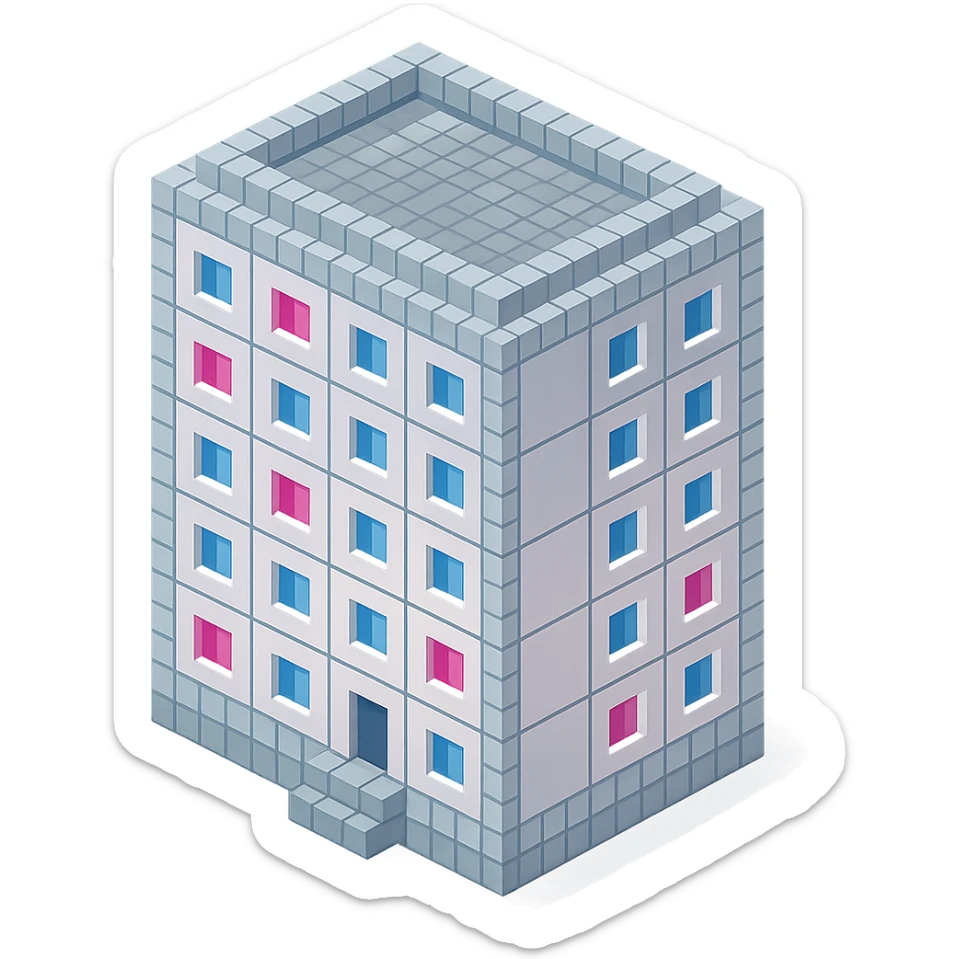 Russian panel apartment building, square block, light gray, alternating pink and white windows, isometric view sticker
