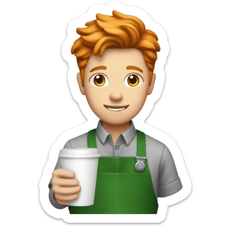A barista boy ginger hair in a green apron holding a cup of coffee sticker