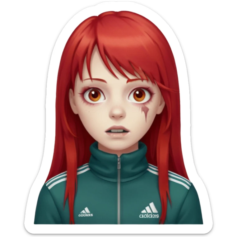Crie um emoji de uma menina zumbi  com o cabelo vermelho longo com uma franja reta casaco de gola alta da adidas sticker