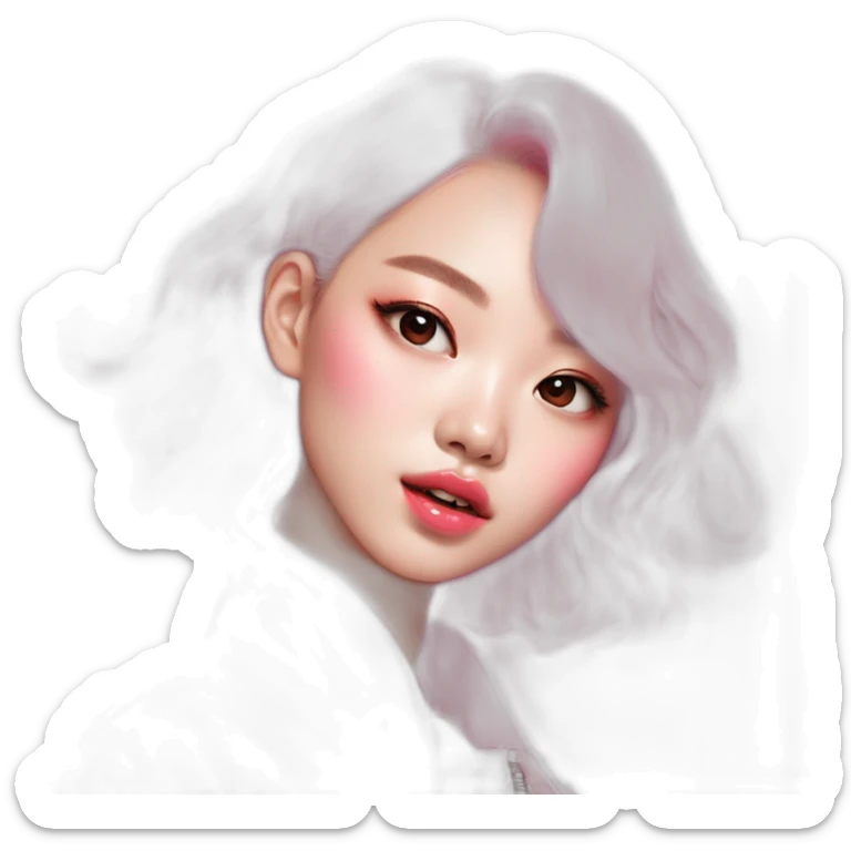 Young K-pop star with cool-toned skin applies baby pink lip tint, showcasing a fresh, vibrant look sticker