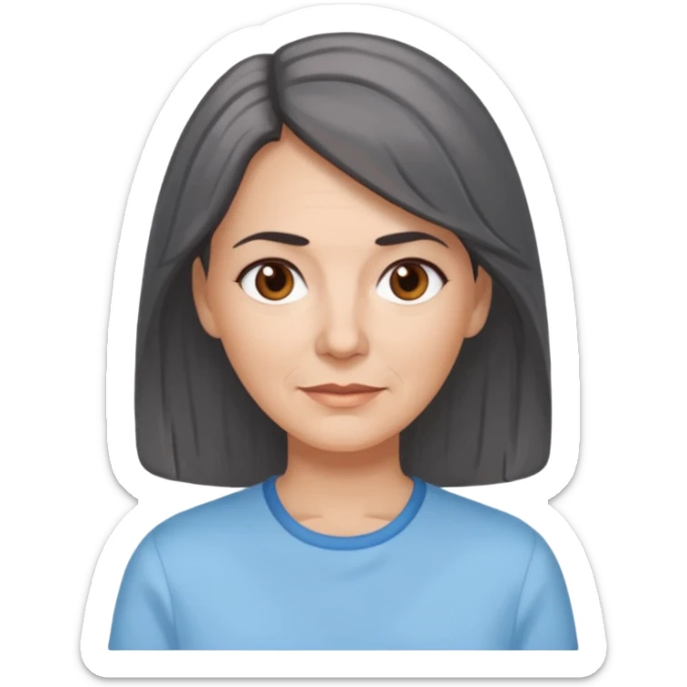 vit medelålders kvinna med grå slingor i långt mörkbrunt hår bruna ögon ljusblå skjorta  sticker